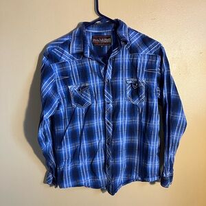 Rock and roll cowboy shirt - size kids XL - white/blue plaid